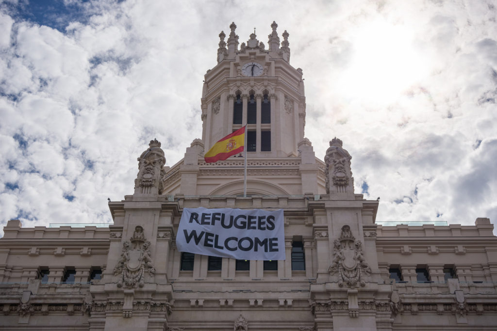 Refugees Welcome placard in Madrid, Spain