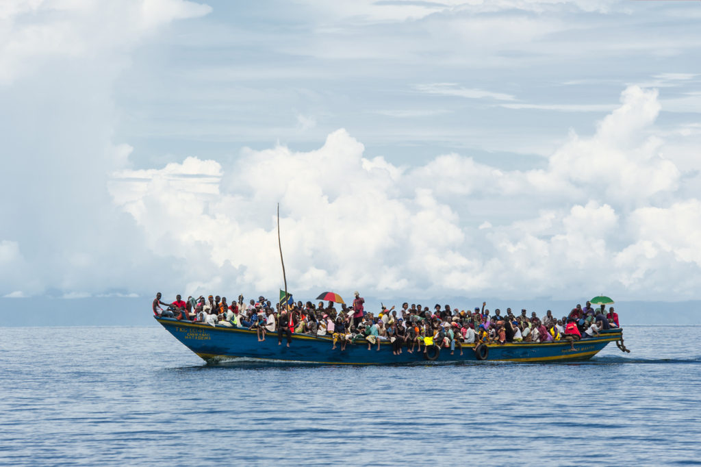 Crowded refugee boat on Lake Tanganyika