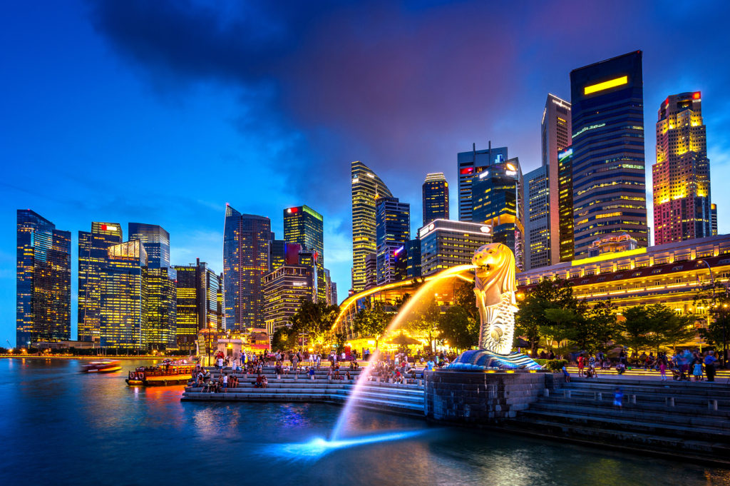 Singapore skyline at night.